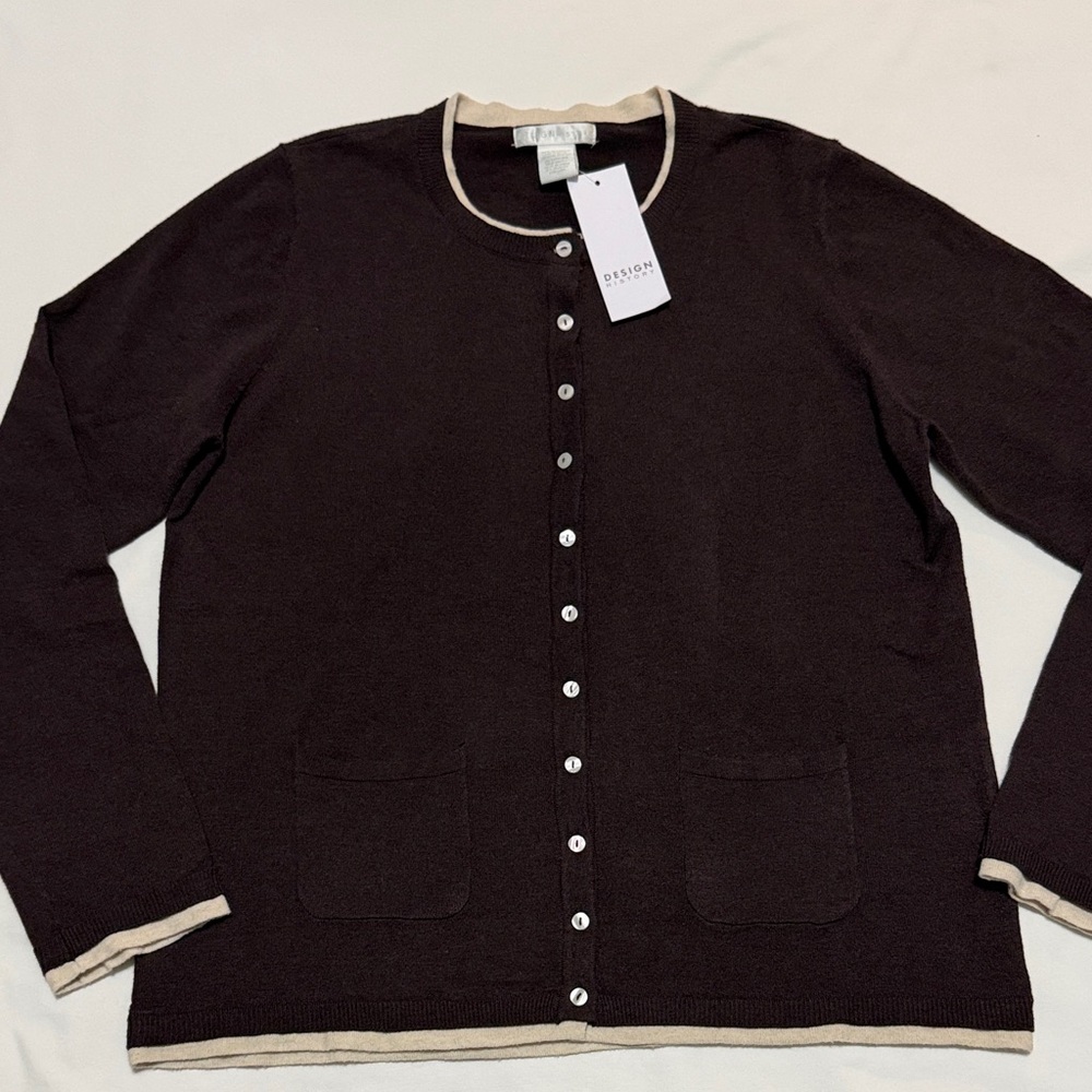 Design History Chocolate Cardigan with Cream Accents L NWT